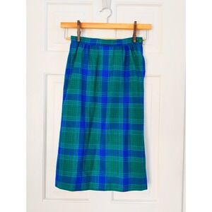 Vintage Pendleton Wool Plaid Midi Skirt Blue Green Petite 8 True Waist 25" USA